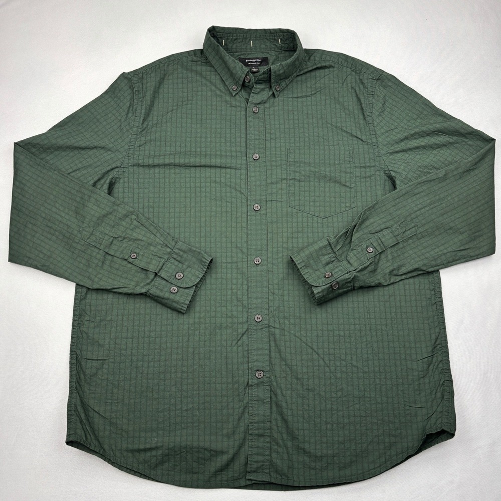 Banana Republic Shirt Mens Large Green Grid Untucked Fit Organic Cotton Summer L
